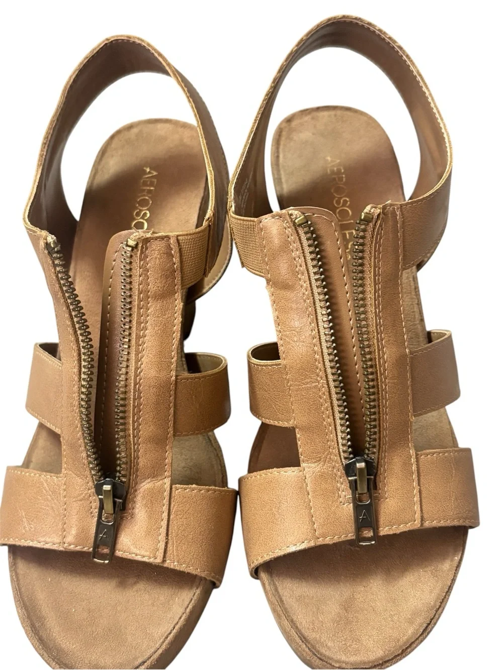 Aerosoles Tan Vegan Leather Zipper Gladiator Platform Sandals Heels Sz 8.5 Zip